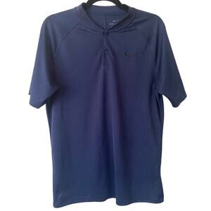 Nike Navy Henley 1/4 Button Embroidered Black Logo Short Sleeve Shirt Top-Small